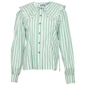 GANNI Green & White Striped Button Down Shirt w/ Oversized Peter Pan Collar 42